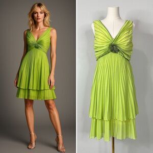 Escada Y2K Lime Green Pleated Silk Lined Cocktail Dress 40 US 8 Wedding Party